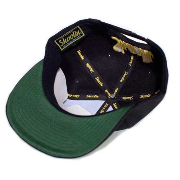 Shaolin Snapback Hat From the Slums Flat Brim Black Adjustable Cap Gold 3D Retro